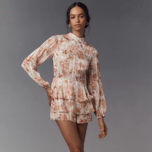 Endless Rose Water Color Floral Open Back Long Sleeve Romper - Small - Picture 1 of 5